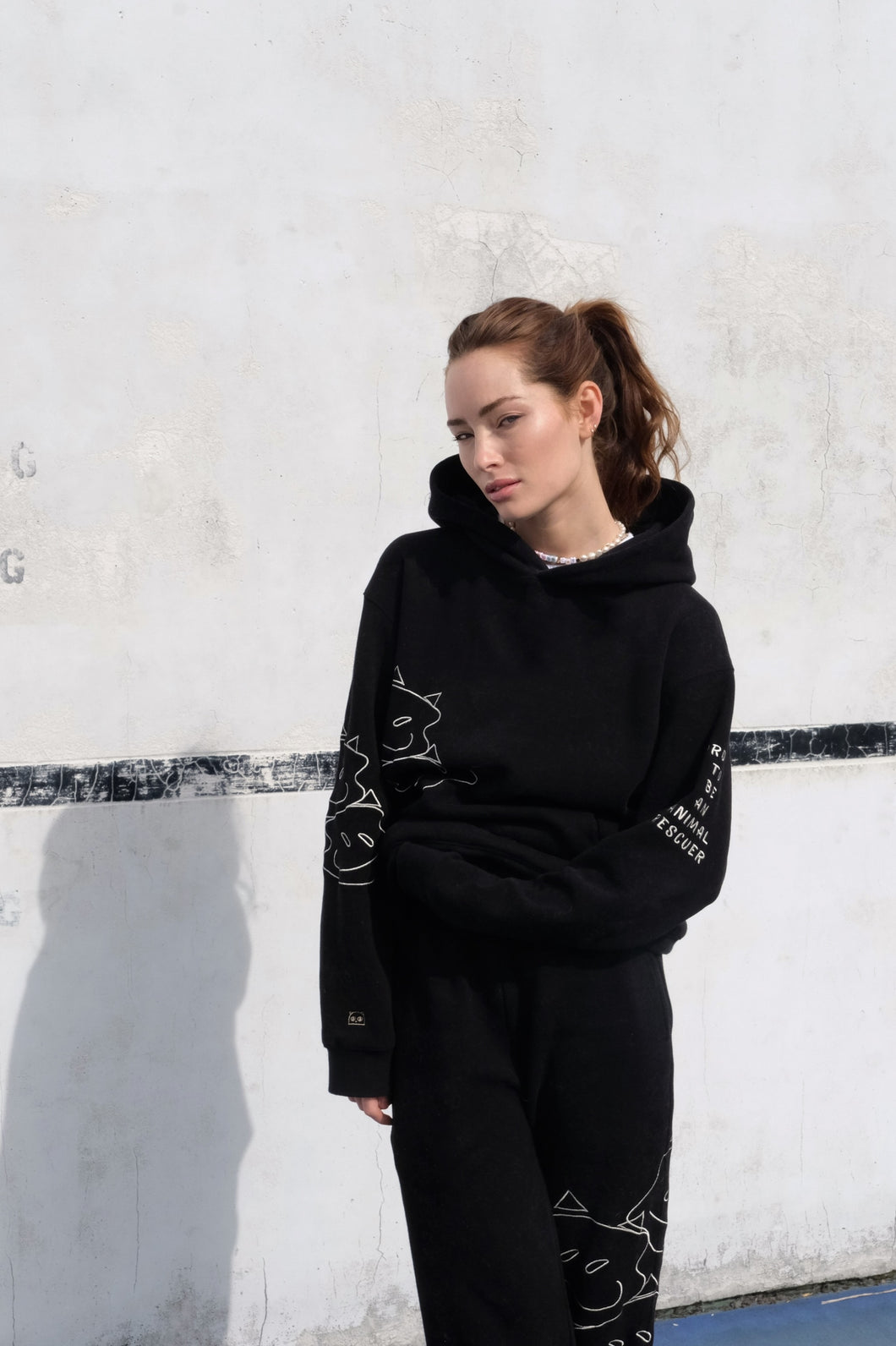 house cat embroidered black hoodie